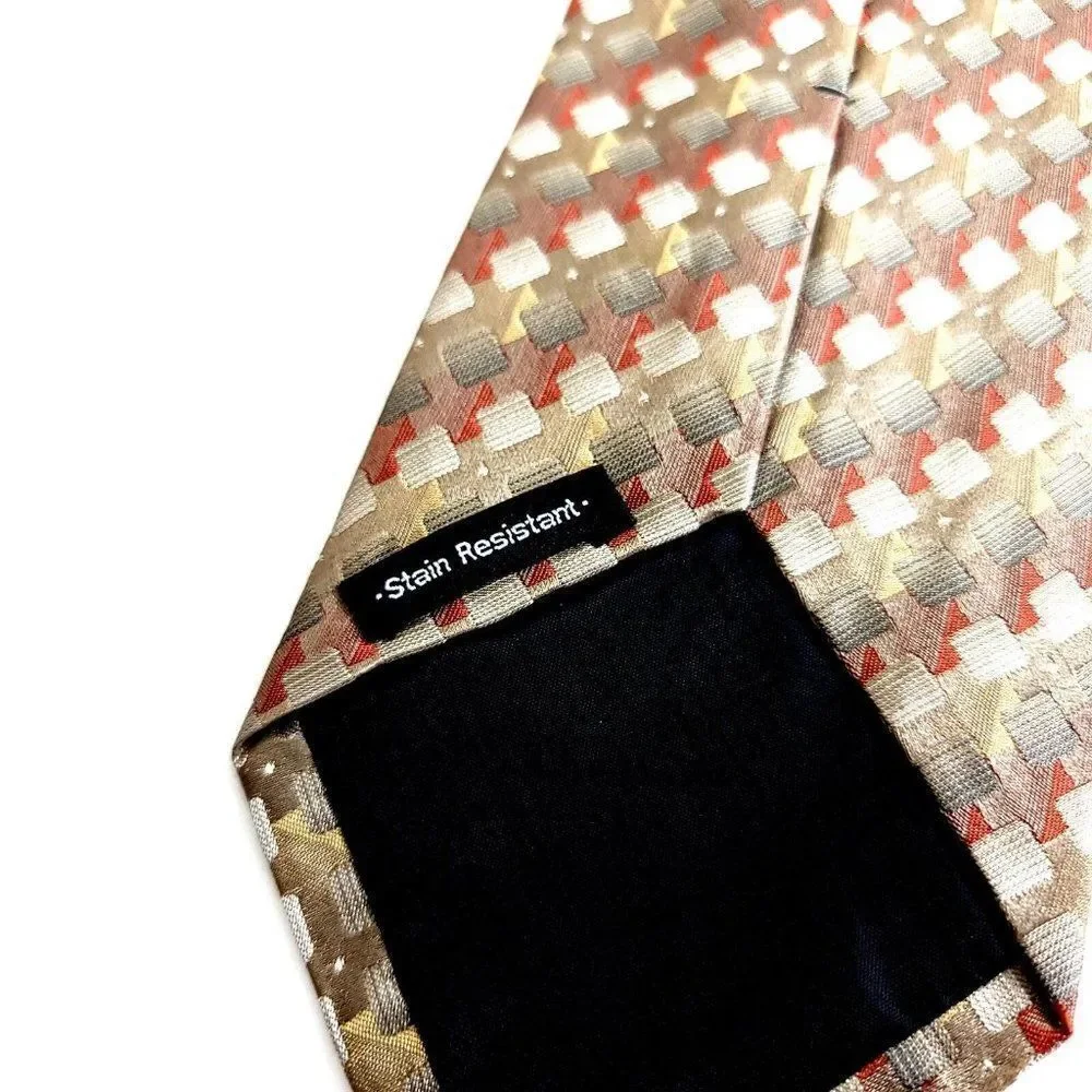 Van Heusen Brown Tan Red Woven Geometric Stain Resistant Silk Tie‎